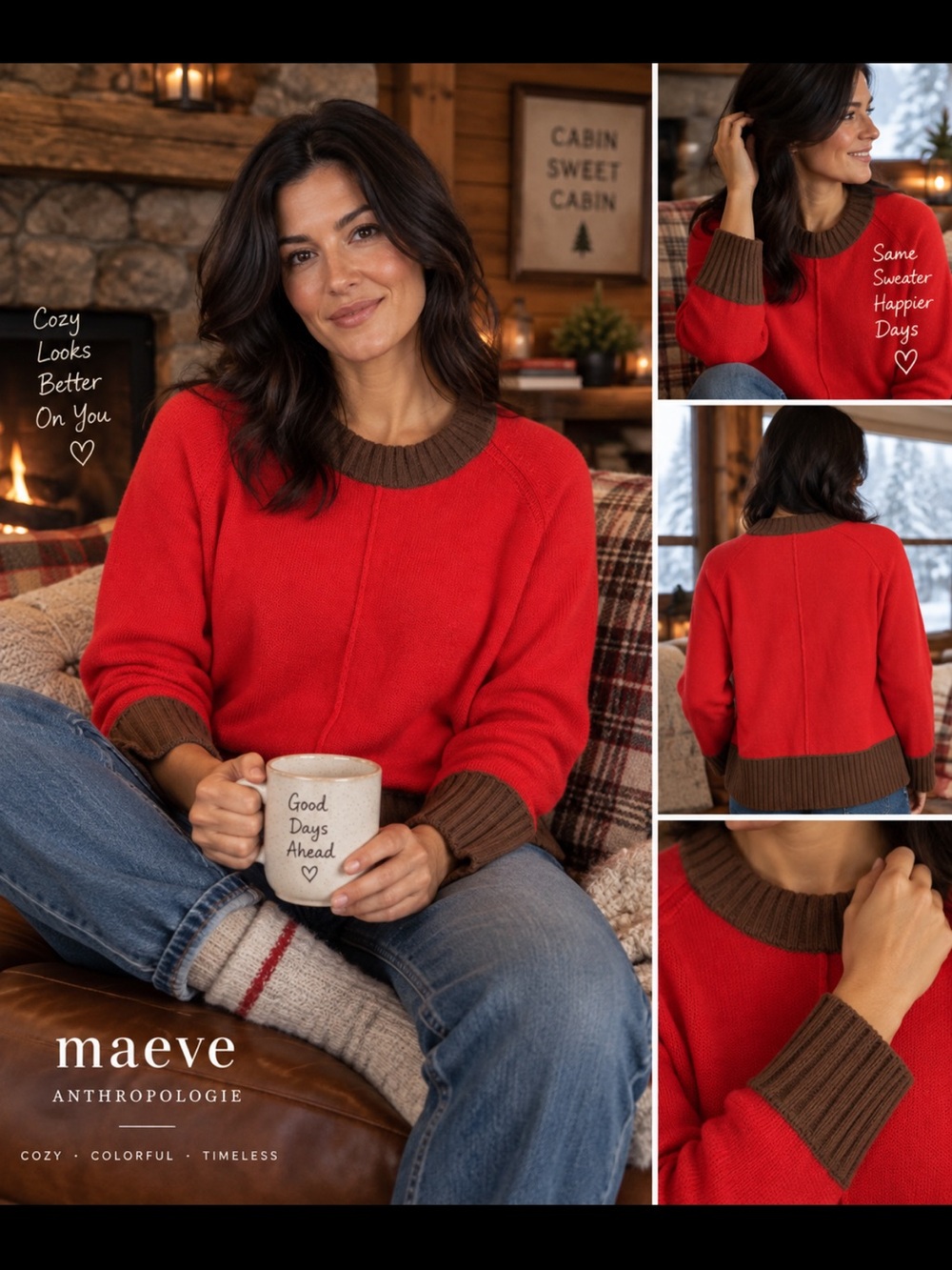 Maeve by Anthropologie Red Crewneck cotton & wool Sweater w/ Brown Rib Trim. M